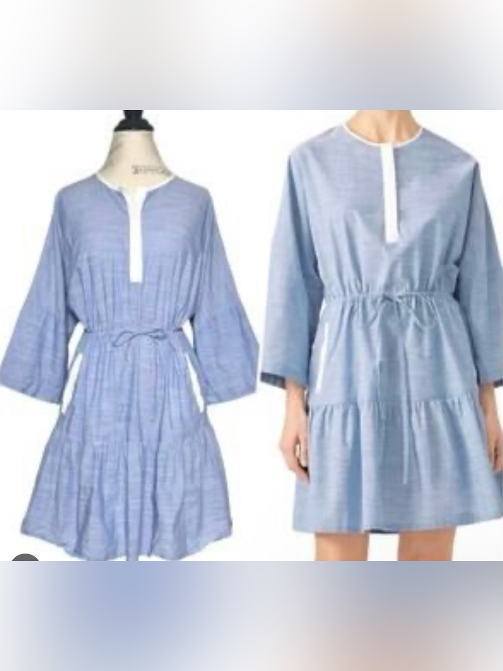 JOIE Casual Light Blue Drawstring Waist Tiered Cotton Dress